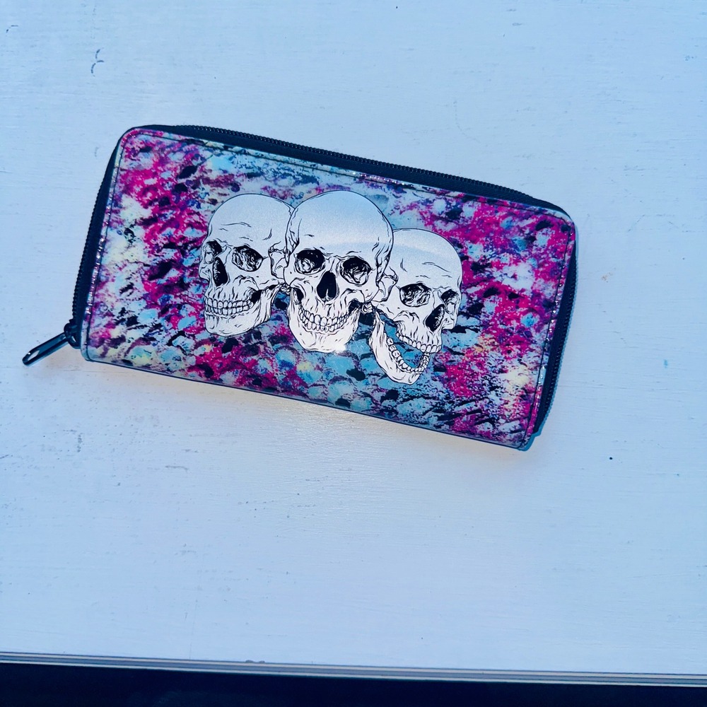Skull Graphic Zip Around Wallet Pink Purple Splatter Print Long Clutch